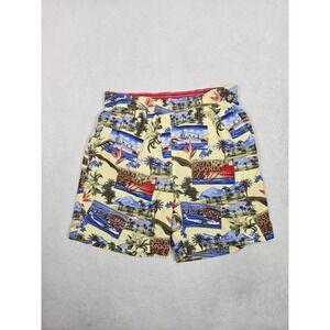 Vintage REYN SPOONER Pattern Ships Planes Palm Polyester Swim Shorts Men's Small